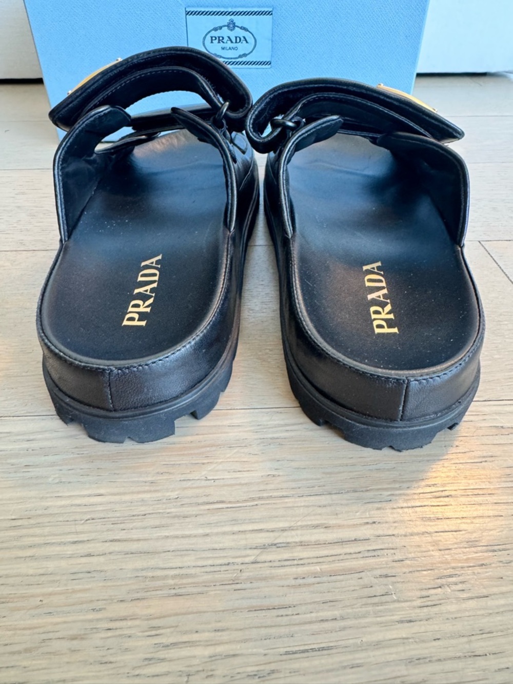 Prada Black Leather Double-Strap Logo Slide Sandals - Picture 5 of 7